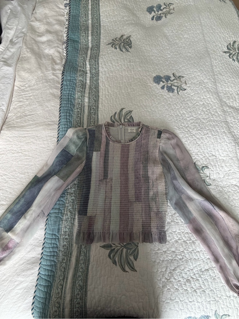 Wilfred Sheer Stripe Ruffle-Hem Blouse in Pastel Lavender, Mint and Dusty Blue